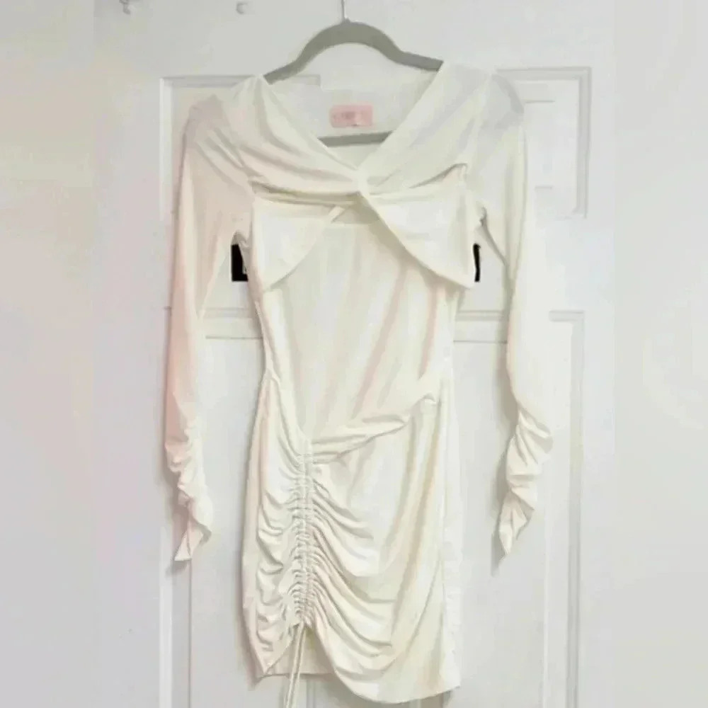 Club L London Womens White Asymmetrical Long Sleeve Ruched Midi Dress